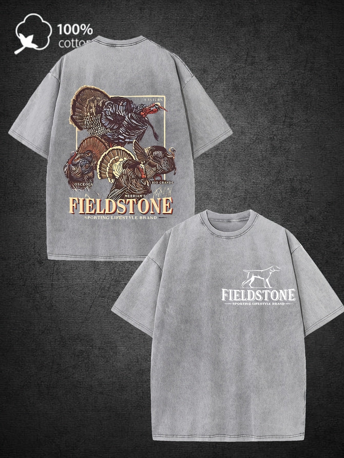 Men'S Heavyweight 220gsm 100% Vintage Hunting T-Shirt - Double-Sided Turkey & Outdoor Graphic Print, Distressed Washed Short Sleeve Tee for Casual Streetwear & Outdoor Activities, All-Season Fit (Fieldstone Design)