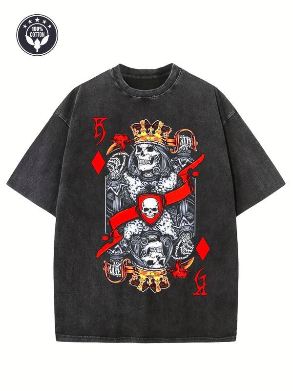 Couple Vintage Washed Printed T Shirt Skull King Card Pattern Red Ribbon Decor Round Neck Short Sleeve Regular Length Straight Hem Graphic Design