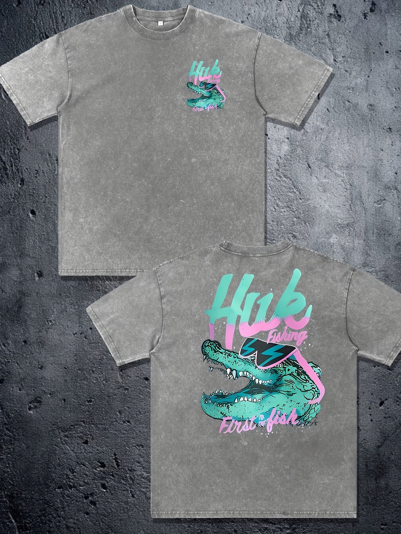 Huk Fishing First Fish Pattern Double-Sided Print | 230g Men'S Washed Vintage Loose Summer Casual Short-Sleeve T-Shirt | Crew Neck, Slight Stretch, All-Season, Great Gift for Street Wear