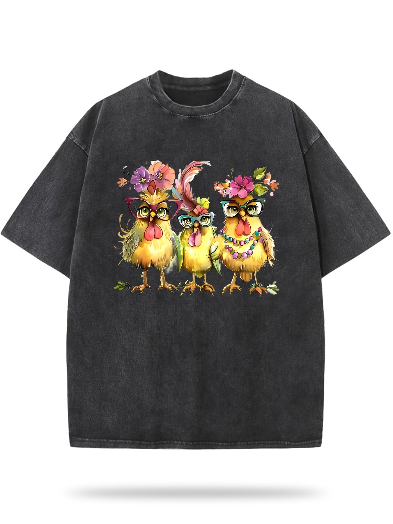 Printed with Three Elegant Cartoon Chickens, Washed Wax-Dyed Retro Thickened Pure Cotton, Fashionable Casual Couple Style, Comfortable to Wear