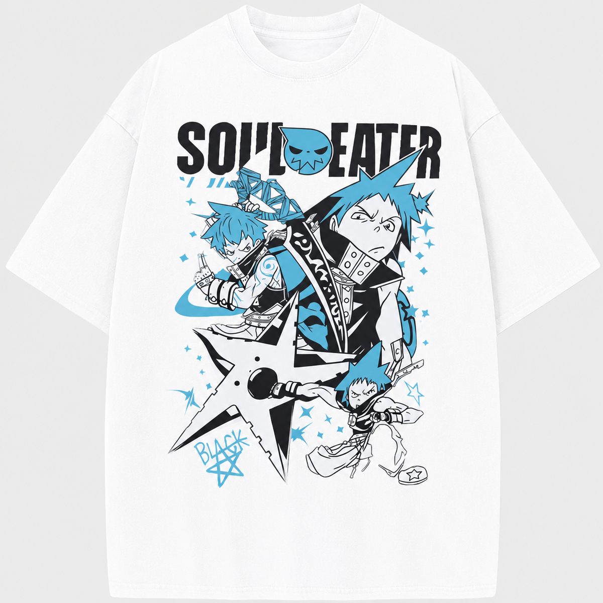 Vintage-Wash Oversized Short-Sleeve T-Shirt | Soul Eater Anime Print | Unisex American-Style Loose Fit