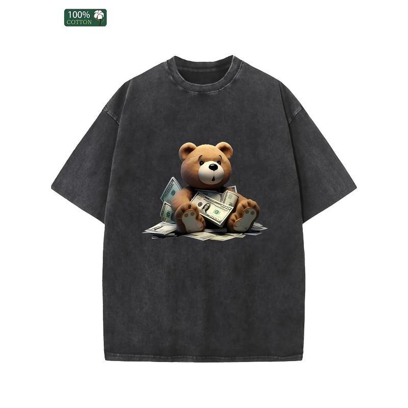 Holafish Bear Acid Washed  Oversized Vintage t Shirts for Women Short Sleeve Cotton Casual Baggy Tees Teens Trendy Crew Neck Loose Tops