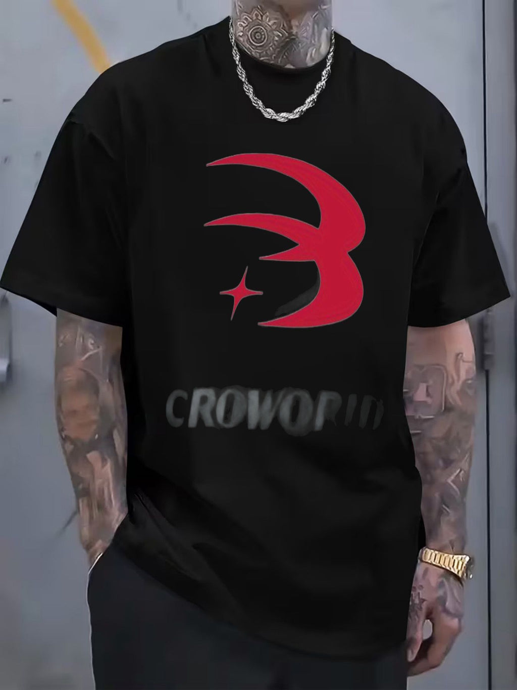 Stylized 'B'-like Logo Red Star 'CROW' Text Cotton T-Shirt, Casual Crew Neck, Short Sleeve, Comfortable for Daily Wear - Unique Design for Men