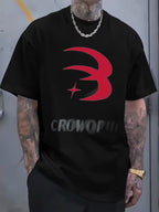 Stylized 'B'-like Logo Red Star 'CROW' Text Cotton T-Shirt, Casual Crew Neck, Short Sleeve, Comfortable for Daily Wear - Unique Design for Men