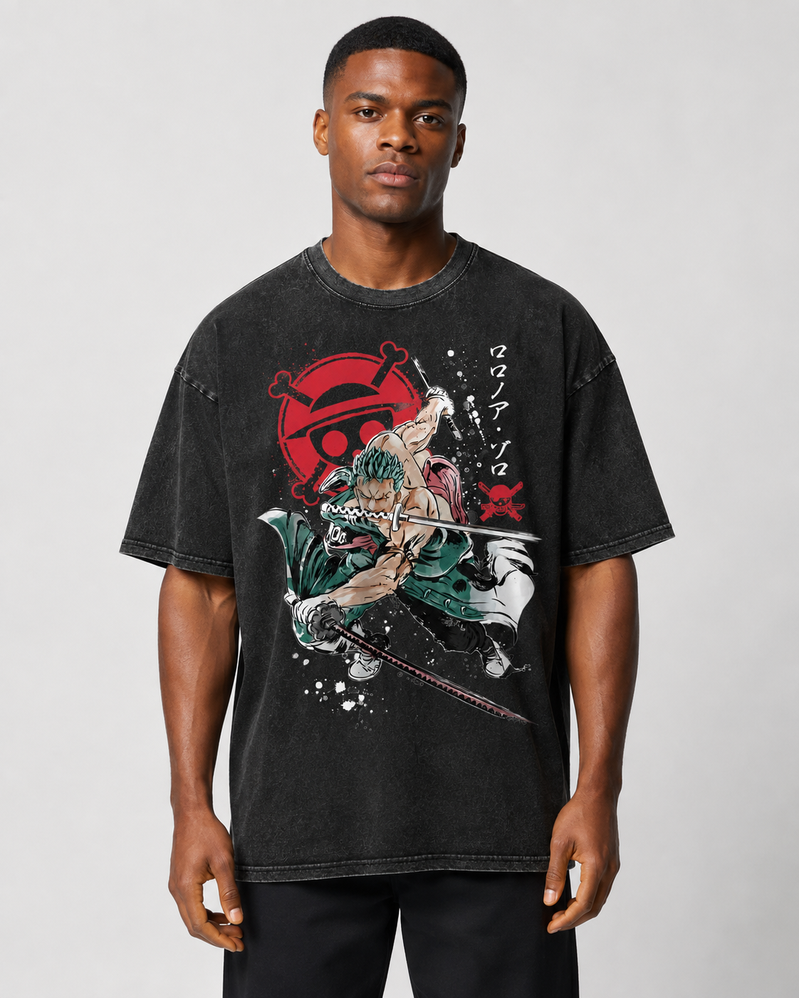 American-style acid-washed distressed One Piece Roronoa Zoro Three-Sword Style Print Short-Sleeve T-Shirt, Heavyweight Wash, Oversized, Retro Anime Unisex T-Shirt