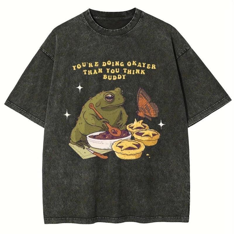 Double-sided printCotton Short Sleeve Acid Washed Vintage T-Shirt, Workout Casual Baggy Oversized Tee with Frog Chef Cooking Pie Print Streetwear Tops For Women Men - graphic tees