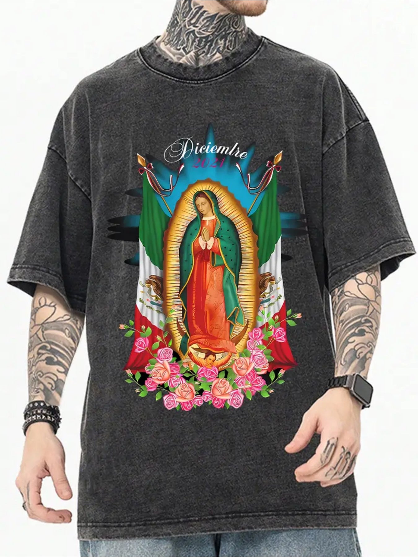 Men'S Vintage Distressed Heavy Washed T-Shirt - Oversized Streetwear Tee with Our Lady of Guadalupe Graphic Print, Soft Breathable Fabric, Loose Fit Casual Shirt for Casual Attire, All-Season Comfort (Mexican Cultural Design)
