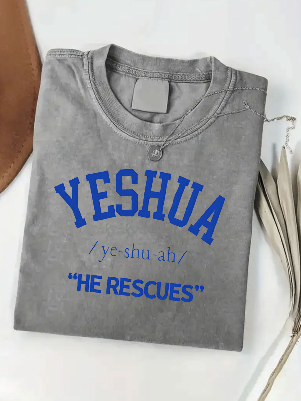Oversized Christian Faith T-Shirt with YESHUA He Saved Hebrew/ Cross Design - Washed Cotton Black Casual Church Wear, Round Neck Religious Apparel for all-Season