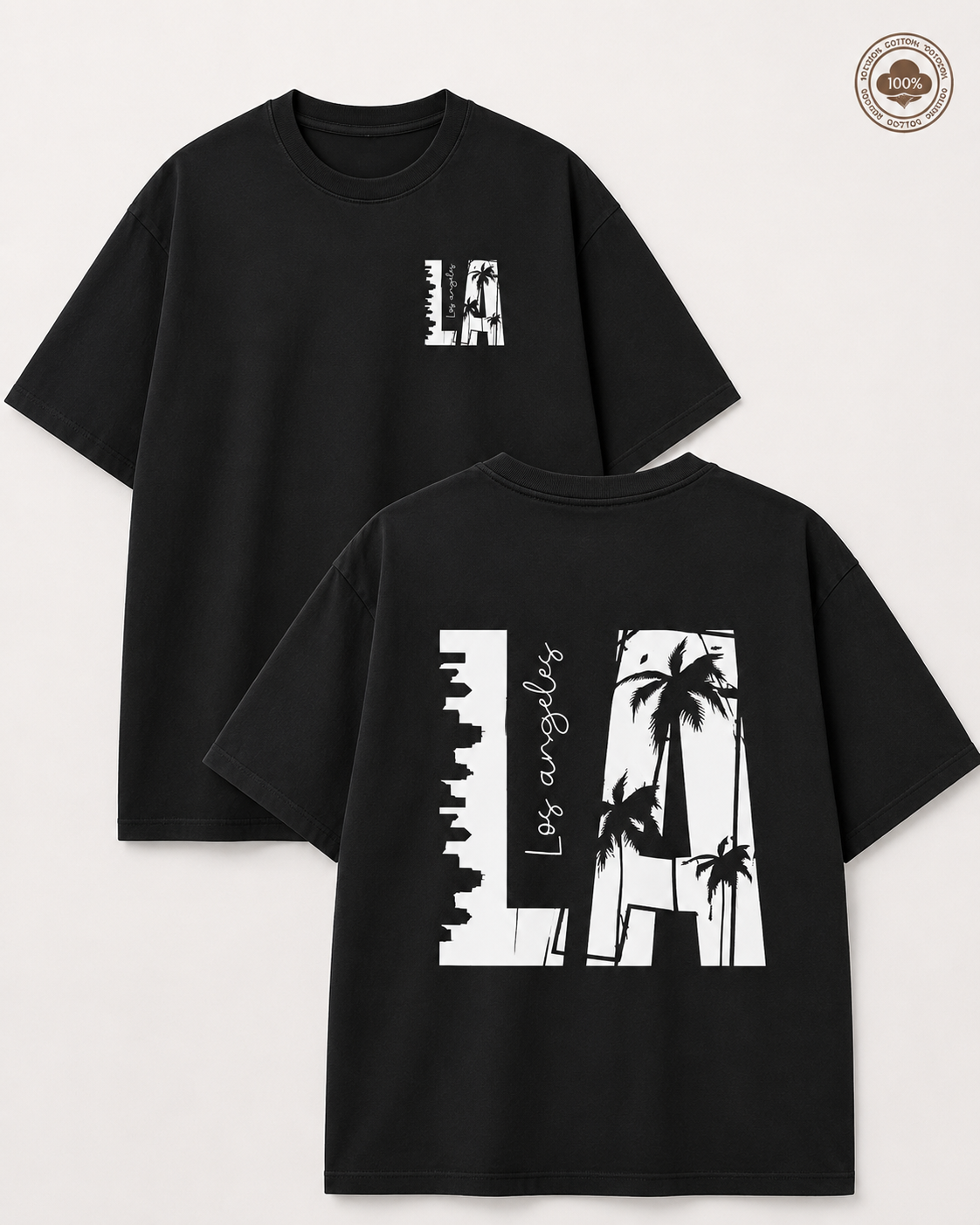LA-themed double-sided print T-shirt with a vintage washed finish; heavyweight pure cotton, oversized loose fit; American urban streetwear style.