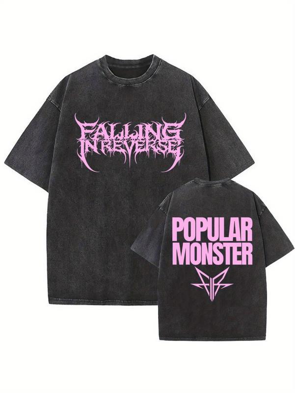Couples Vintage Washed Print T Shirt Featuring Falling In Reverse Text And Popular Monster Graphic With Pink Gothic Font Design Crew Neck Short Sleeve Loose Fit Regular Hem Style Unisex Casual Top