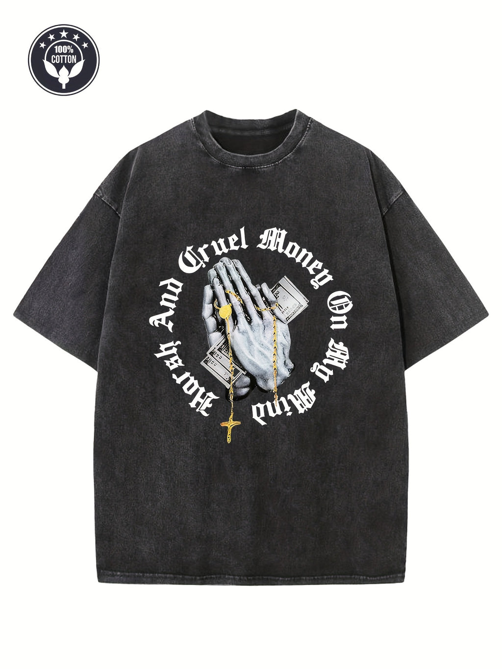 Heavyweight 230g Pure Oversize Drop Shoulder Washed T-Shirt | Creative Pattern Print, Vintage Street Style, Crew Neck, Unisex Couple Top, Hip-Hop, All-season Wear