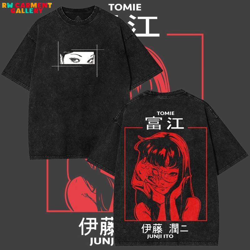 Vintage Limited Kawakami Tomie Junji Ito Anime Double-Sided Printed Retro Oversized Washed Graphic T-Shirt, Casual Y2K Oversize Anime Manga Acid Wash Graphic Tee, Unisex Cotton Streetwear Otaku Top Fit, Gift For Fan Anime Lover
