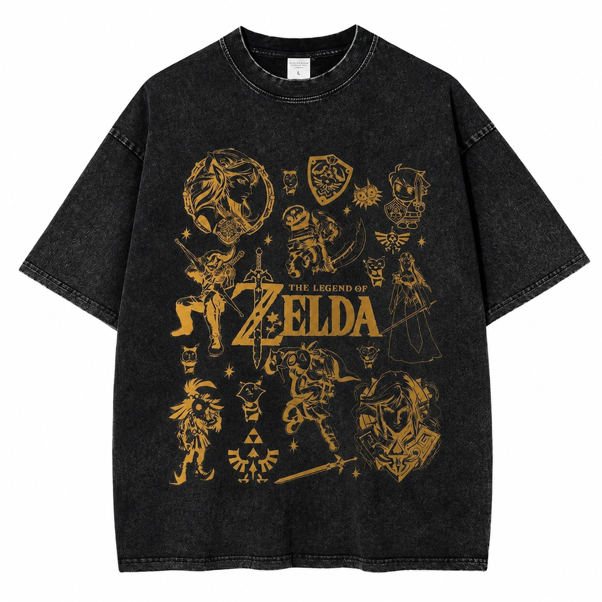 American-style acid-washed distressed Zelda game character print short-sleeved T-shirt, heavyweight retro wash, oversized, loose fit, unisex.
