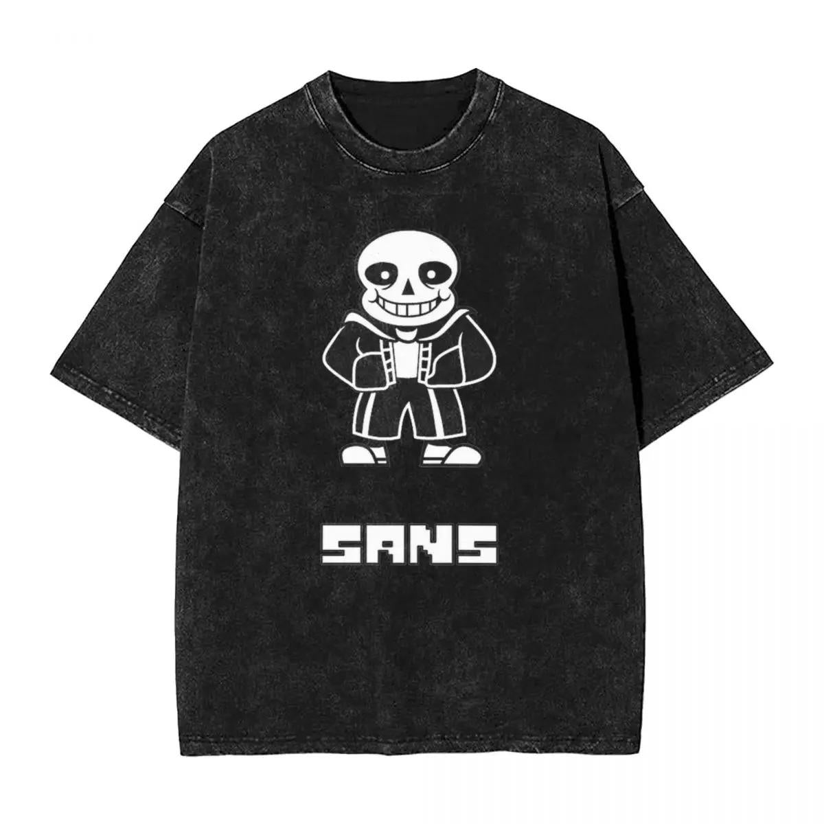 Undertale Sans Pixel Skull Stonewashed Distressed T-Shirt, Drop-Shoulder Loose Fit, Heavyweight Cotton, European and American Game Subculture Unisex Couple Retro Top