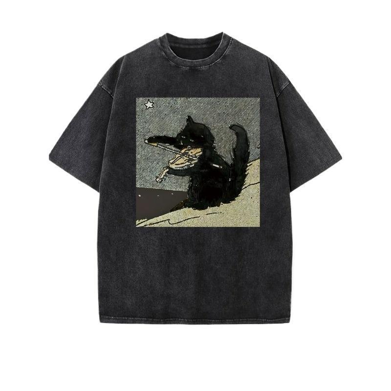 Black Cat with Fish Starry Sky Background Fun Print Vintage Washed Cotton Casual T-Shirt Y2K Style American Street Style Funny Tshirt Clothes Men Menswear Top