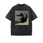 Black Cat with Fish Starry Sky Background Fun Print Vintage Washed Cotton Casual T-Shirt Y2K Style American Street Style Funny Tshirt Clothes Men Menswear Top