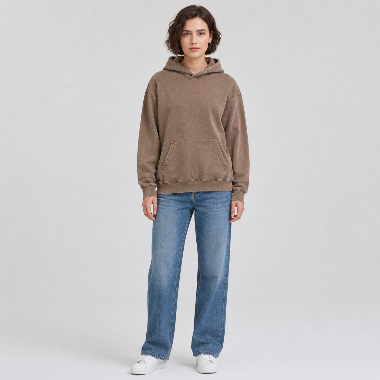 Vintage-wash distressed hooded sweatshirt—a versatile, relaxed-fit casual jacket with a laid-back, dropped-shoulder style.