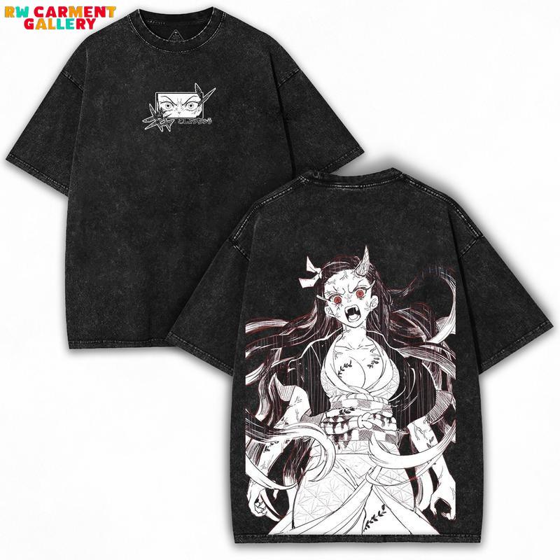 Nezuko Demon Sister Oversized Washed Tee Crimson Flame Graphic Heavy Cotton Vintage Anime Streetwear Shirt