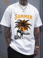 Men's Cotton T-Shirt, Summer 'SUMMER' Printed with Palm Tree Sun Graphic, Surfboard Design, Casual Short Sleeve Crew Neck Tshirt, Perfect for Daily Wear Outdoor Activities