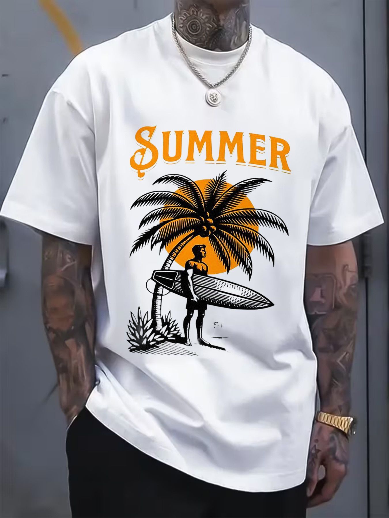 Men's Cotton T-Shirt, Summer 'SUMMER' Printed with Palm Tree Sun Graphic, Surfboard Design, Casual Short Sleeve Crew Neck Tshirt, Perfect for Daily Wear Outdoor Activities