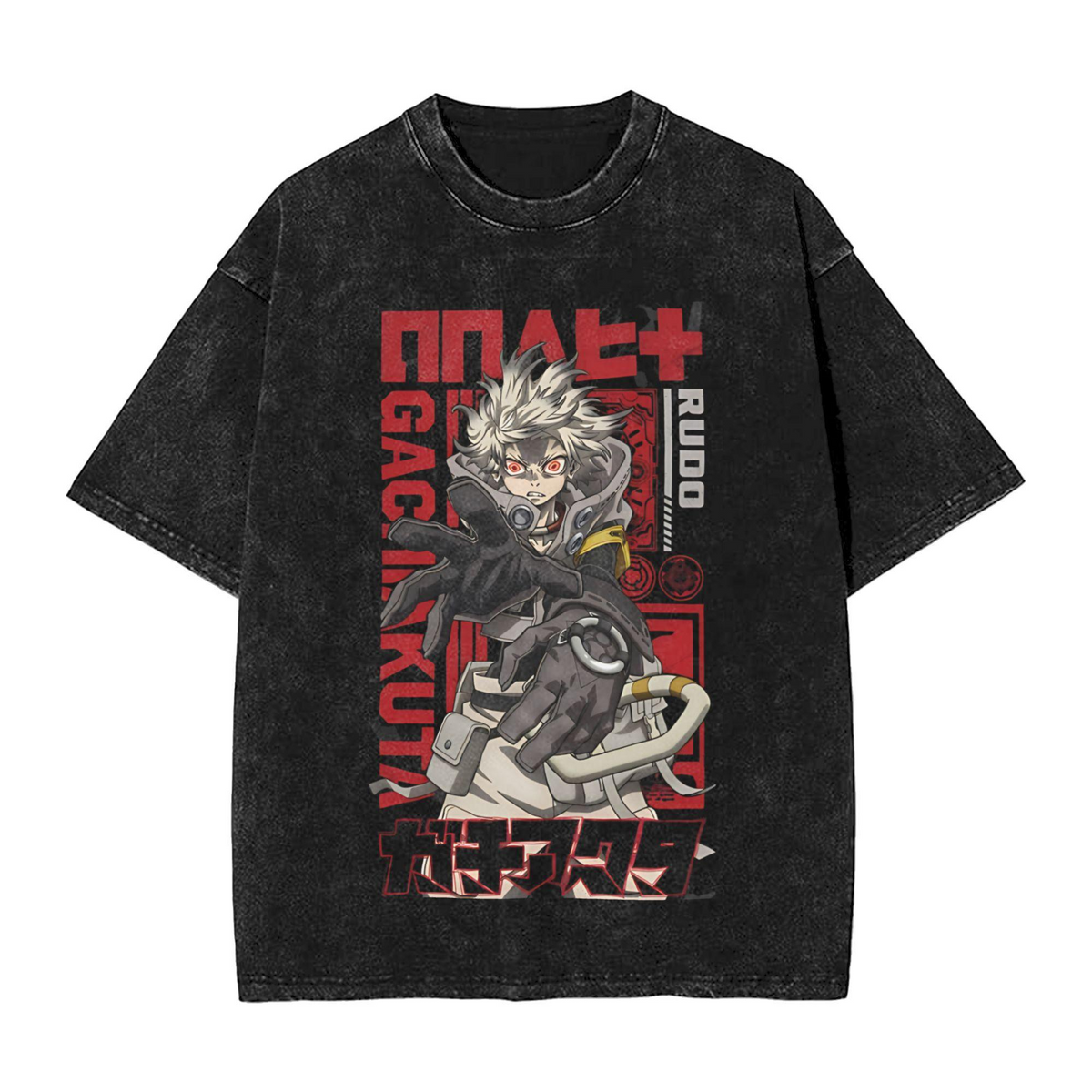Heavyweight Acid-Washed Oversized T-Shirt – Vintage-Style "Rudo" Anime Graphic (Unisex)