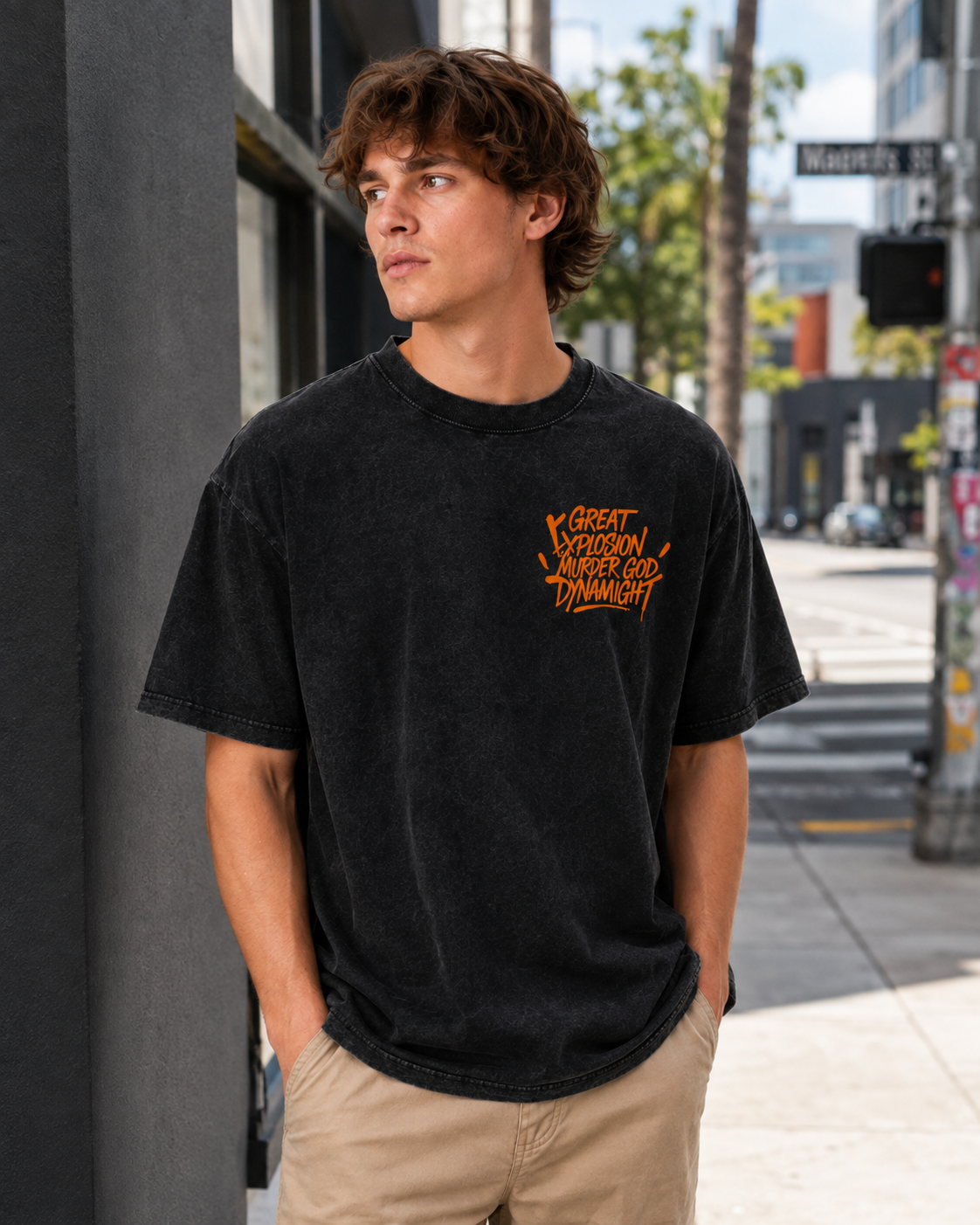 American-style acid-washed distressed Katsuki Bakugo anime print short-sleeved T-shirt, heavyweight retro wash, oversized, loose fit, unisex.