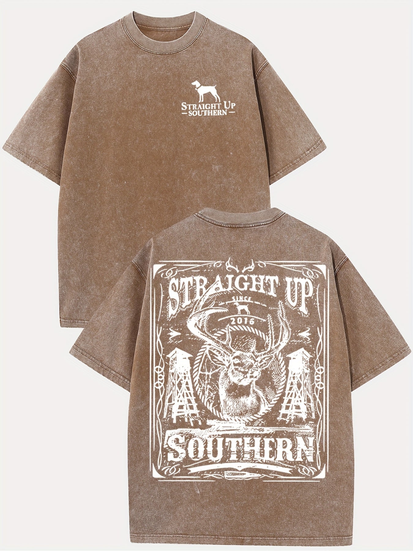 Men's Vintage Southern Deer & Double-Sided Graphic T-Shirt - 230g Washed Cotton Soft Round Neck Short Sleeve Tee with Retro Streetwear Deer Print - Casual Summer & Year-Round Comfortable Top