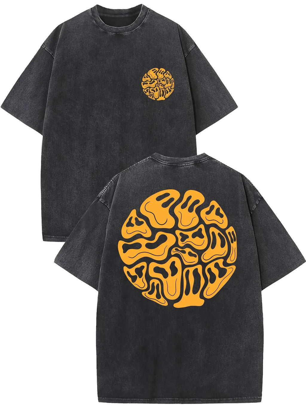 Men's  Style Washed Washed Cotton T-shirt, Unique Orange Abstract Printing, Short Sleeve and Round Neck-Comfortable Summer Casual Wear
