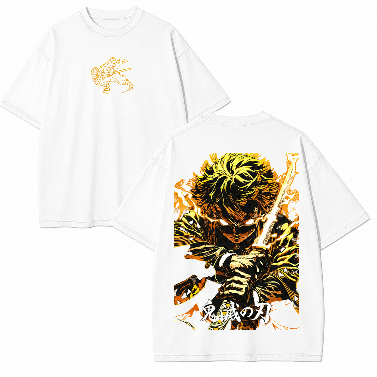 Vintage Stone Wash Demon Slayer Zenitsu Lightning Samurai Print Short-Sleeve Top, High Street Heavyweight Cotton Drop-Shoulder Anime Style