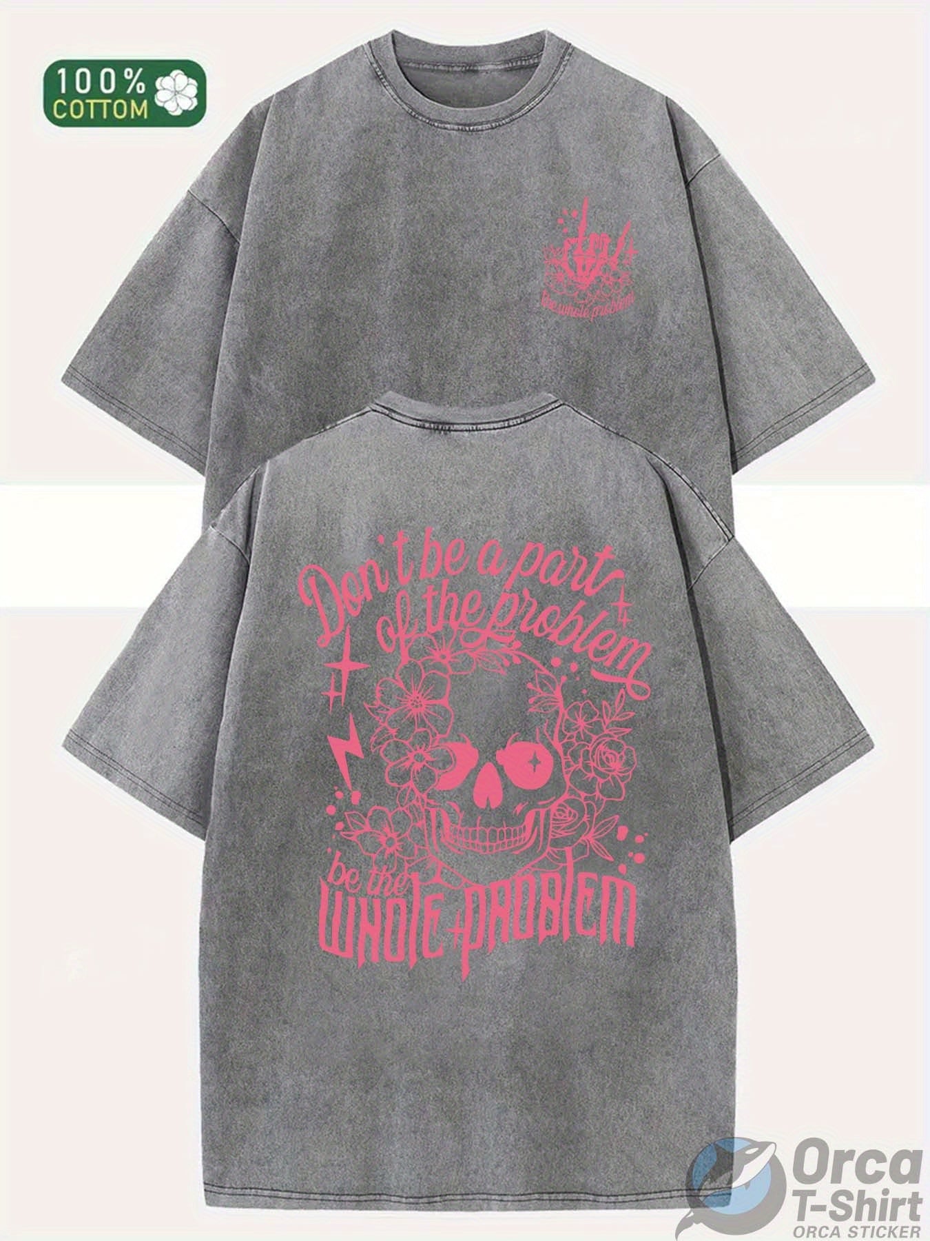 230G Heavyweight Batik Washed T-Shirt - Unisex & Pink Skull Graphic Tee, Machine Washable All-Season Casual Shirt for Men & Women