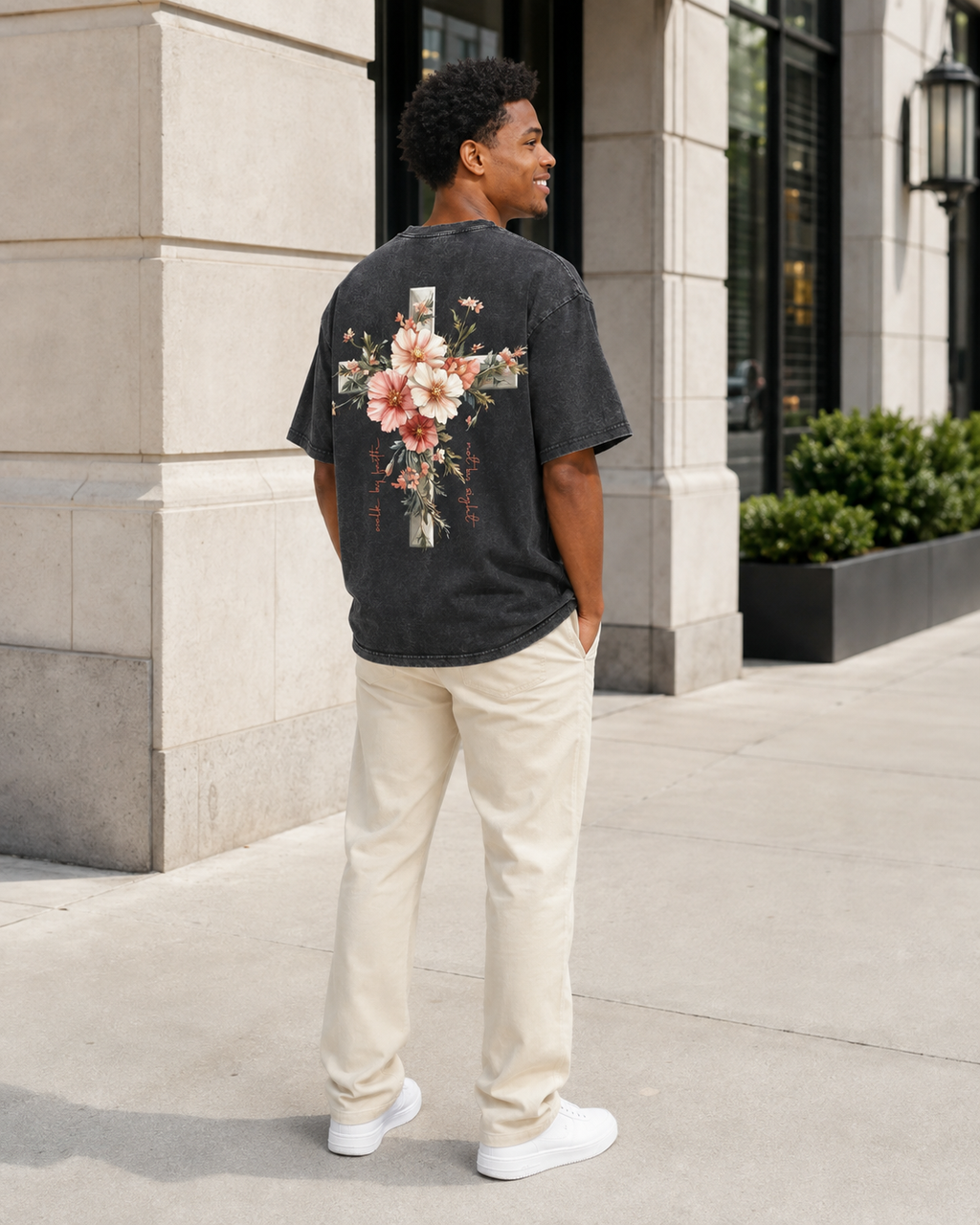 Vintage-Wash Short-Sleeve T-Shirt | "Jesus is the Light" – Oversized, Unisex, Double-Sided Print Featuring a Floral Cross and Faith-Inspired Design