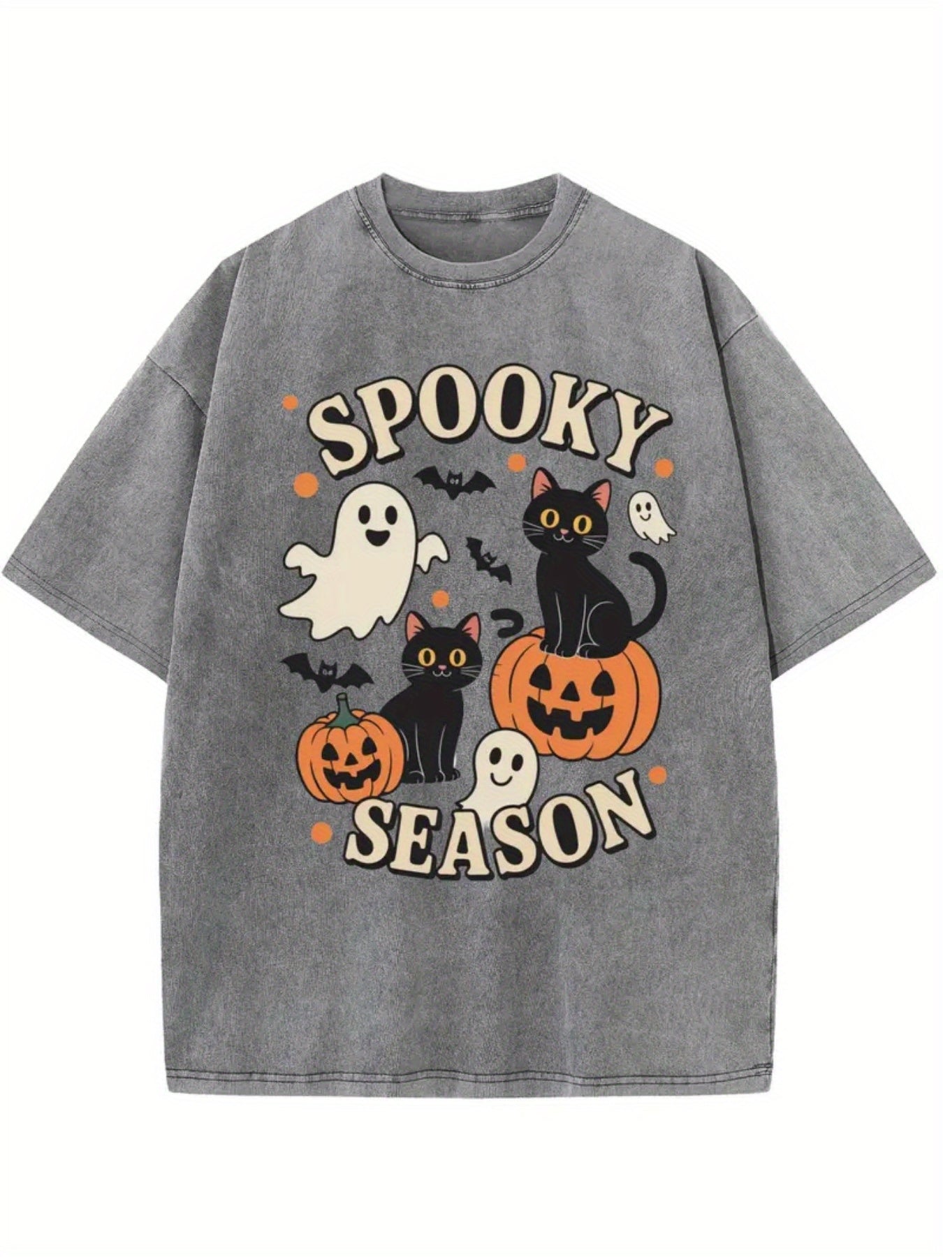 Men's 230g Heavyweight Vintage Washed T-Shirt - Beige with Spooky Season Print (Ghosts, Bats, Black Cats, Pumpkins) - Oversized Casual Round Neck Short Sleeve Tee for Spring Summer & Year-Round Wear, Machine Washable