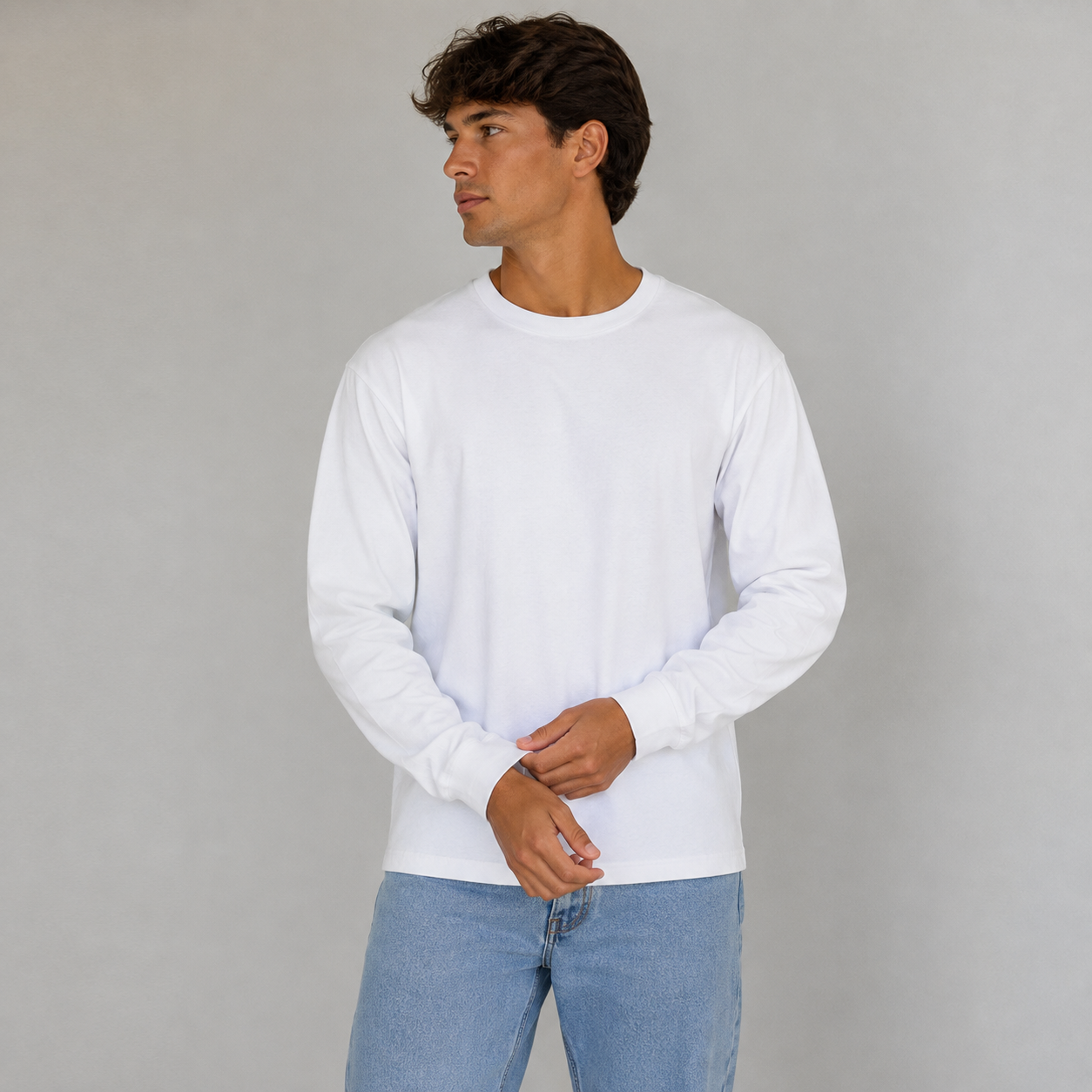 Heavyweight Pure Cotton Men's Long-Sleeve Crew Neck – Soft, Shape-Retaining, Classic & Versatile Casual Top