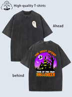 Halloween Theme Front and Back Pattern Print Men'S Fashion | High-Quality Heavy Washed Vintage Distressed Crew Neck Loose Fit Short Sleeve, Street Retro Style Trendy Men'S Clothing