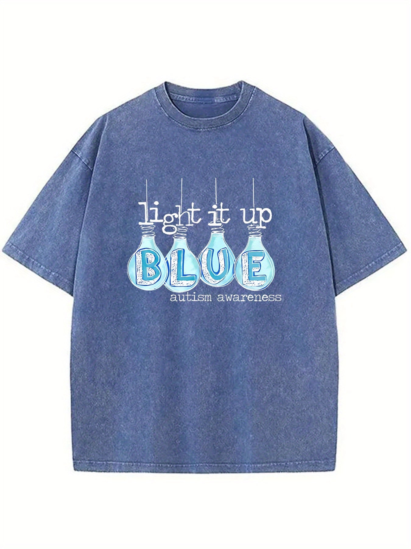 1pc Vintage Street Style Cotton T-Shirt- 230g Washed Fabric, "Light Up Blue" Hope and Friendship Pattern Print, Loose Fit Short Sleeve Round Neck Adult Top, All-Season Casual Wear& Holiday Gift
