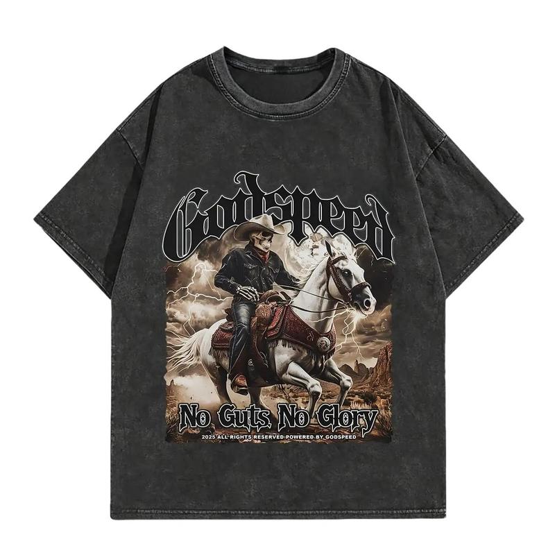 Double-sided Print Men's Vintage Washed Graphic Tee "Godspeed" Cowboy Skull Print Gothic Style Loose Fit Short Sleeve Round Neck Machine Washable Casual Streetwear for All Seasons Cowboy T Shirt - Distressed