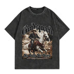 Double-sided Print Men's Vintage Washed Graphic Tee "Godspeed" Cowboy Skull Print Gothic Style Loose Fit Short Sleeve Round Neck Machine Washable Casual Streetwear for All Seasons Cowboy T Shirt - Distressed