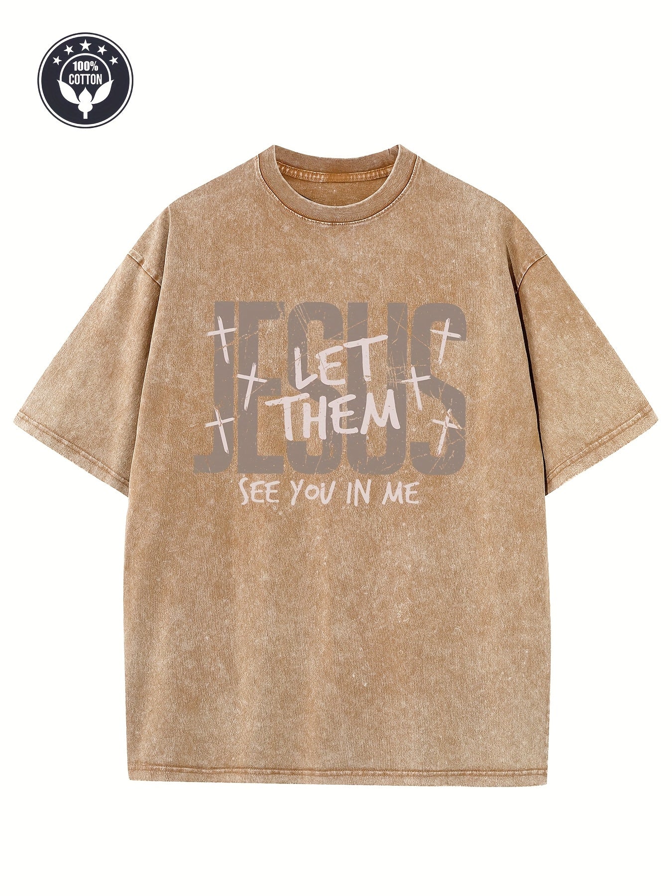 Men'S Retro Christian Faith Heavyweight 230g T-Shirt | Loose Casual Beige Washed Street Style with 'Let Them See Me in You' Letter Print - Crew Neck, Short Sleeve, All-Season Comfort, Machine Washable