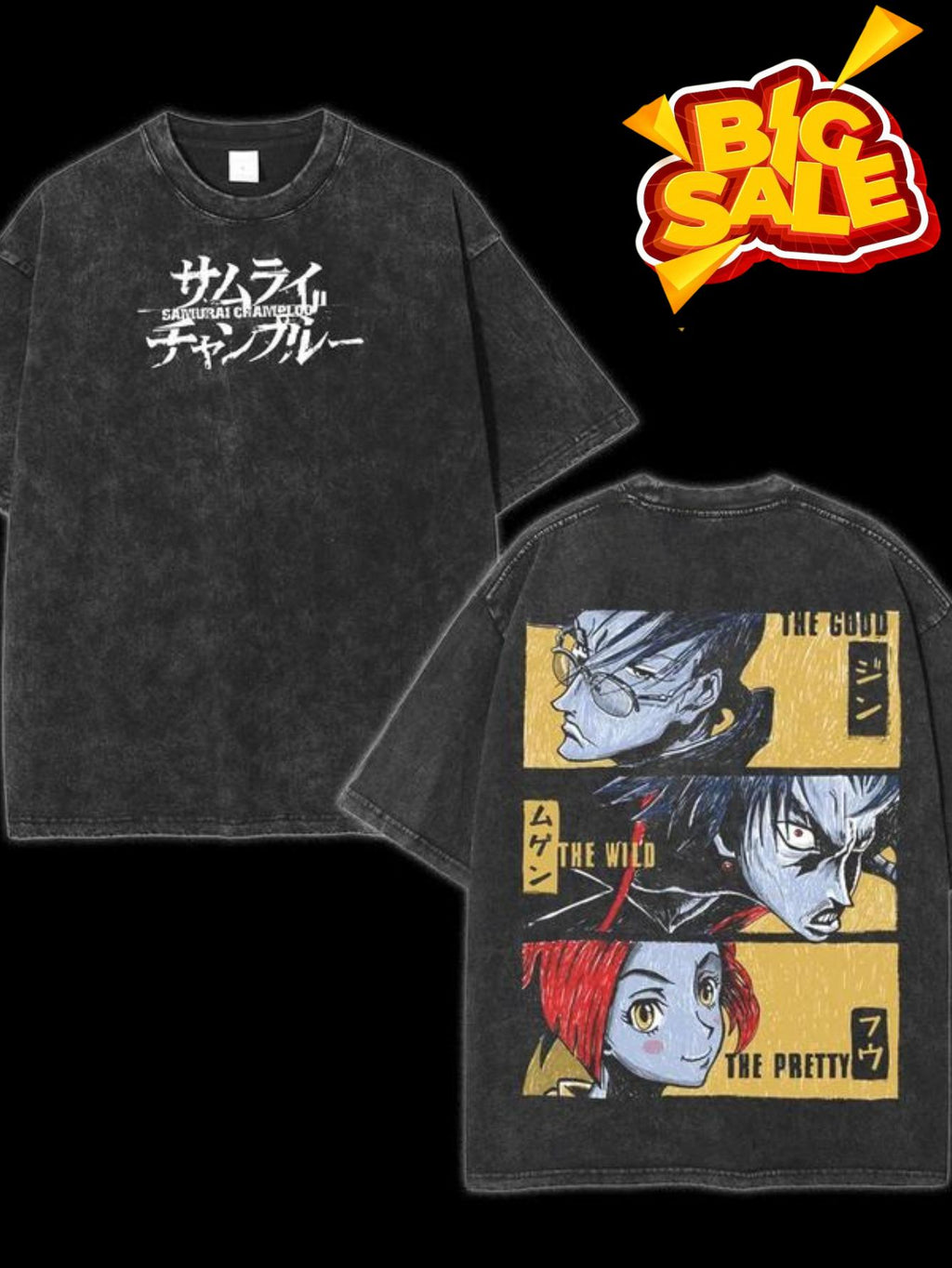 Men's Washed Cotton T-Shirt - Heavy Acid-Washed Double-Sided Anime Print, Retro Comic Style Street Crew Neck