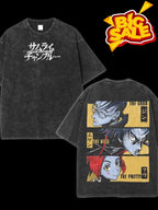 Men's Washed Cotton T-Shirt - Heavy Acid-Washed Double-Sided Anime Print, Retro Comic Style Street Crew Neck