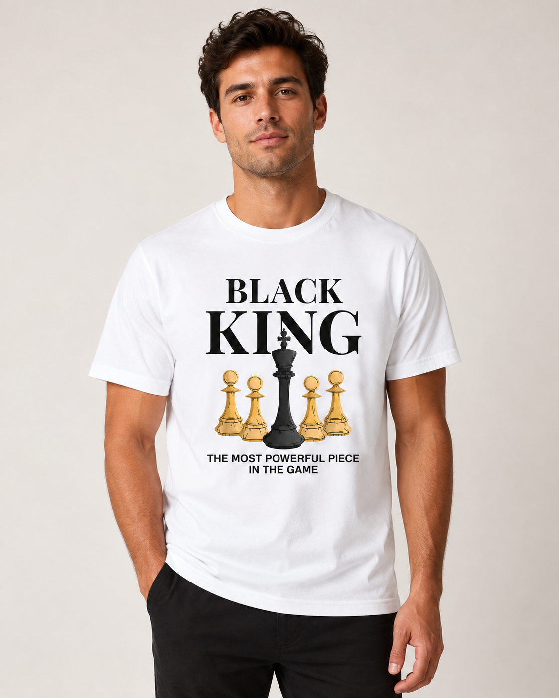 American Streetwear Style "Black King" Theme T-Shirt – Loose-Fit Casual Unisex Tee with Checkerboard & Chess Piece Print