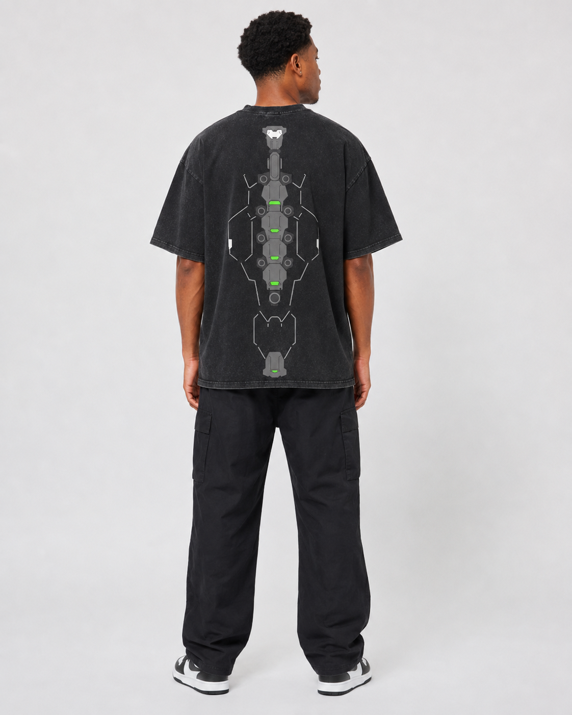 Vintage-Wash Short-Sleeve T-Shirt | Cyberpunk Mechanical Skeleton Double-Sided Techwear Print | Oversized Unisex Fit