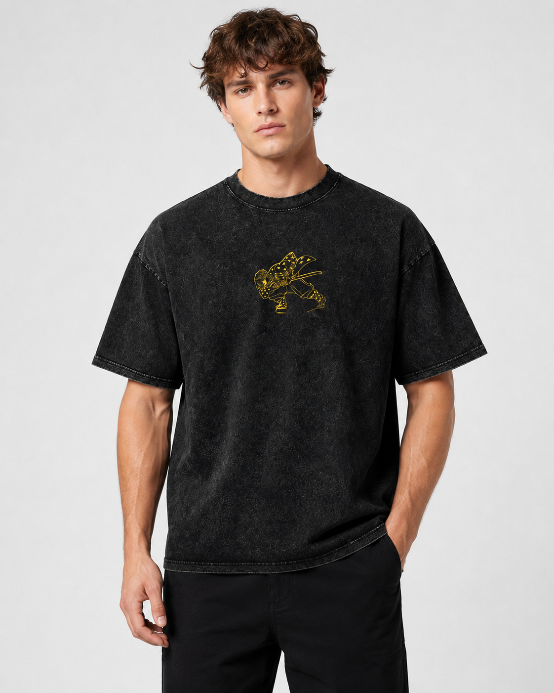 Vintage Stone Wash Demon Slayer Zenitsu Lightning Samurai Print Short-Sleeve Top, High Street Heavyweight Cotton Drop-Shoulder Anime Style