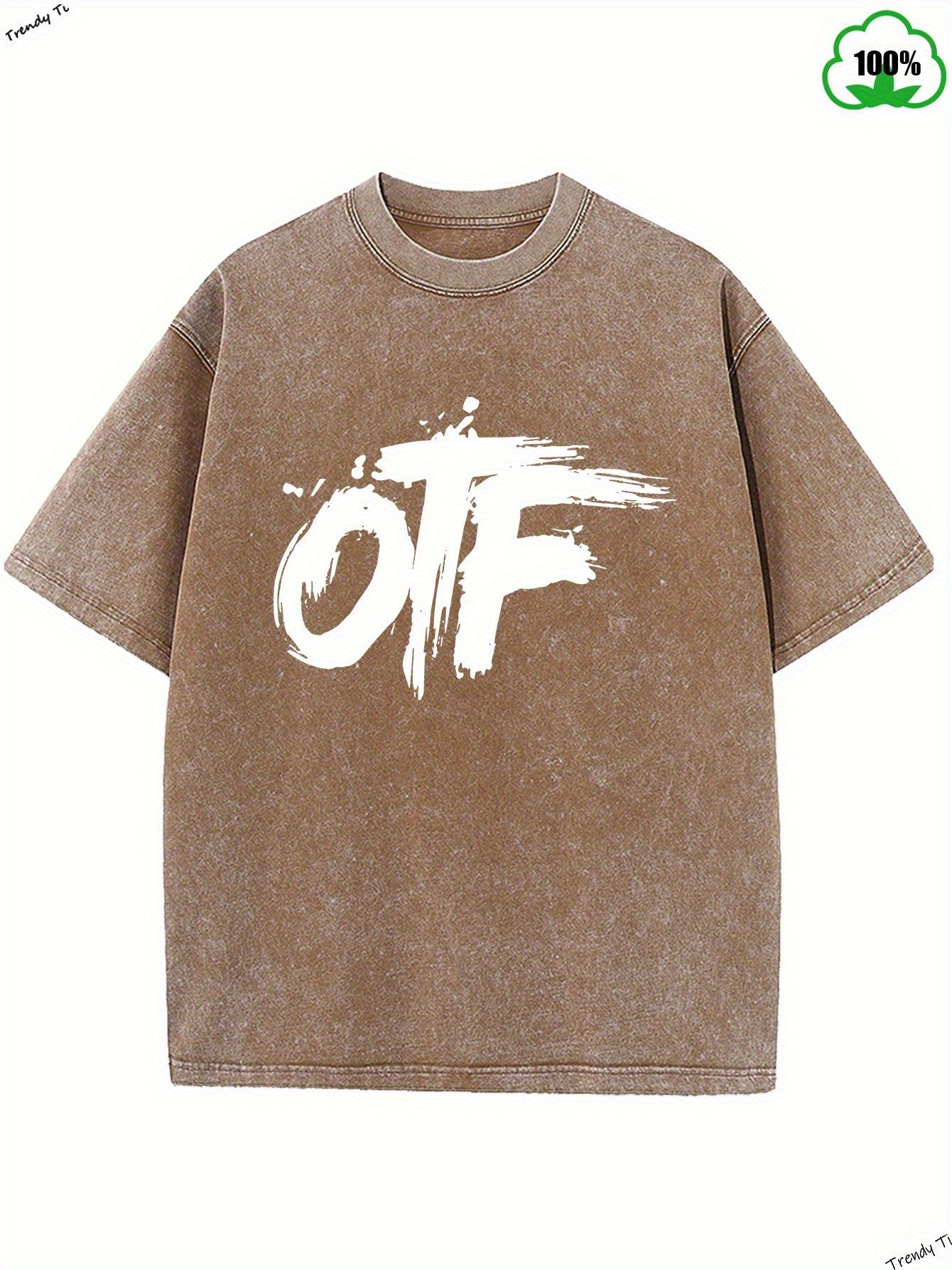 Men'S Vintage Washed 100% T-Shirt with Oversized "OTF" Letter Print - Distressed Brown & Retro Graphic Tee, Round Neck Casual Shirt for Casual Attire, All-Season Comfort Fit, Breathable & Durable (Ideal for Layering Standalone Outfits)