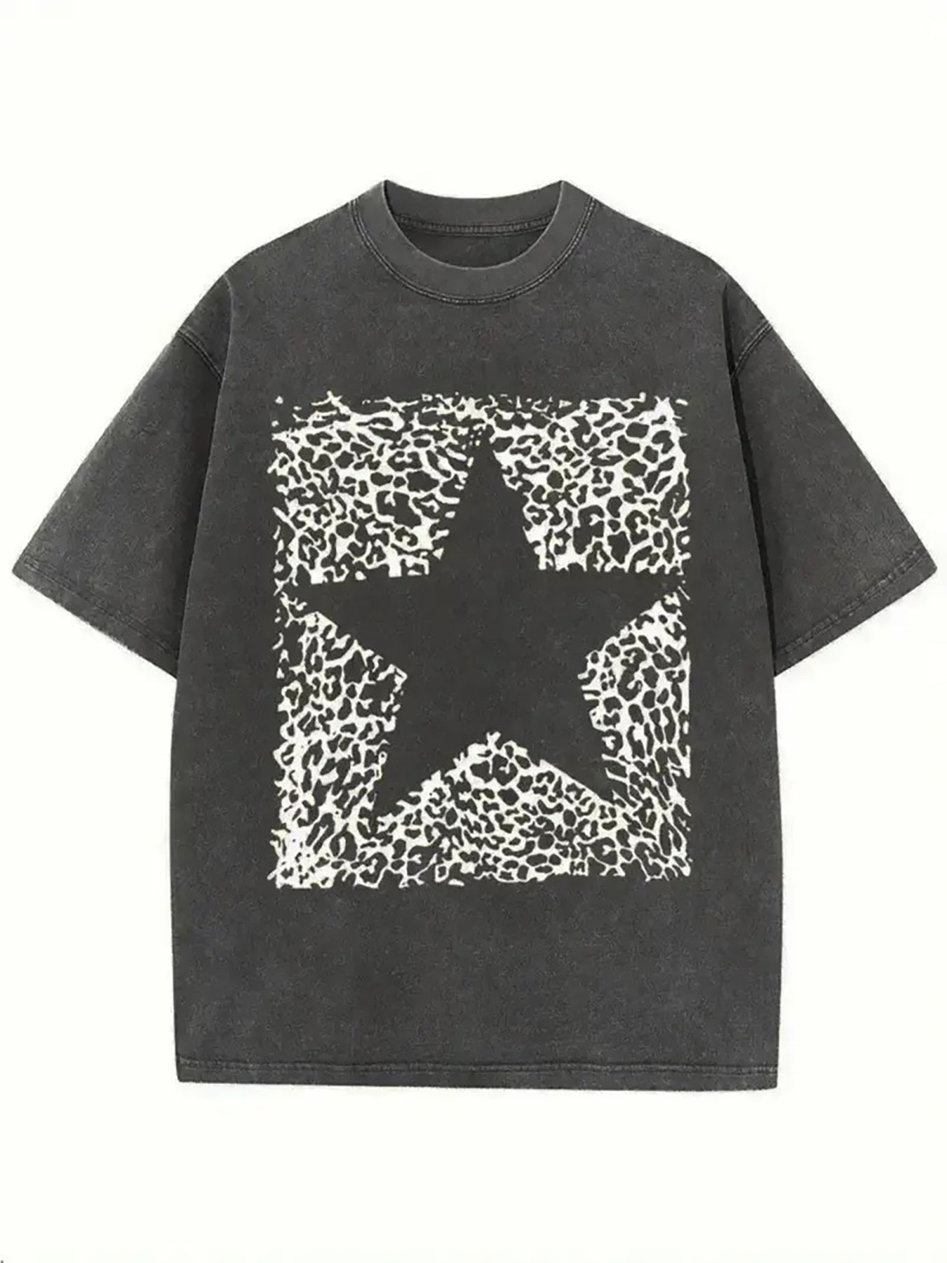 Men's Vintage Washed Oversized T-Shirt with Leopard Star Print - Soft Breathable Casual Short Sleeve Round Neck Top, & Geometric Design for Daily Wear, Outdoor & Year-Round Comfort - Loose Fit for layersing (Not see-through)