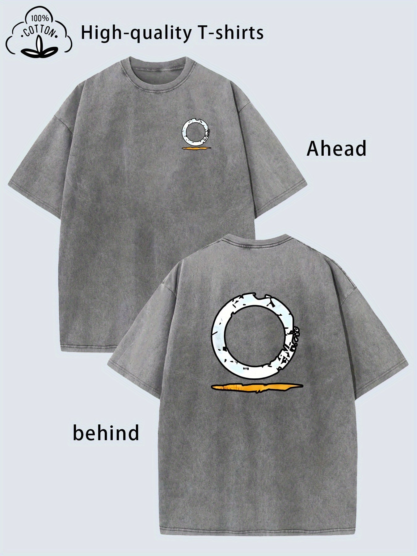 Men's Vintage Heavy-Duty Washed T-Shirt with Front & Back Streetwear Patterns - Oversized Loose Fit Round Neck Short Sleeve, Soft Breathable Casual Tee for all-Season, Distressed Retro Style