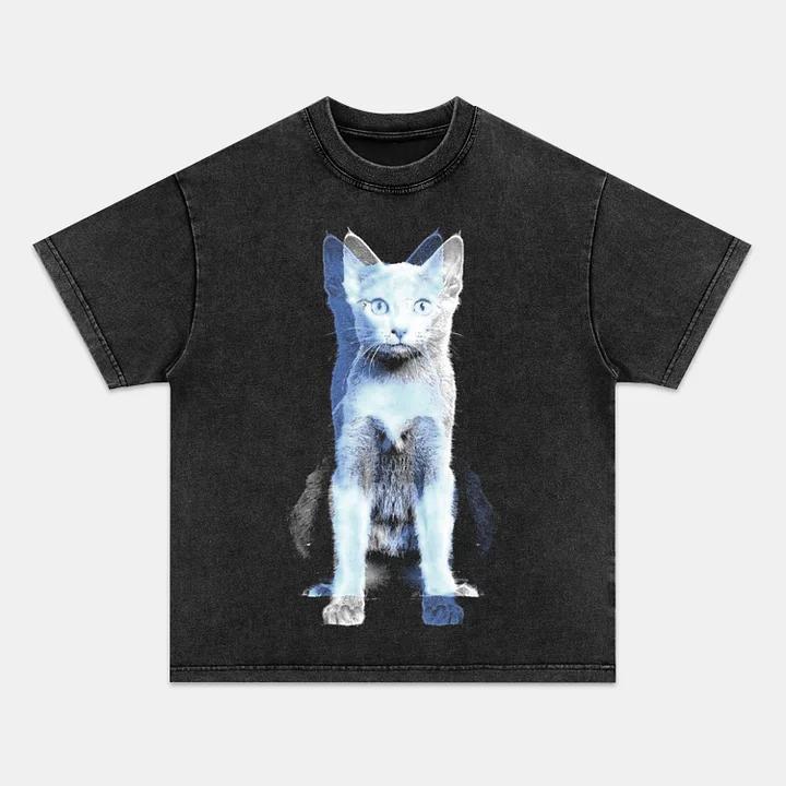 Retro Street Style & Cat Washed Crew Neck T-Shirt,Unisex Fashion Graphic Tee,Streetwear Clothing,Trendy Outfit FO300913