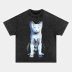 Retro Street Style & Cat Washed Crew Neck T-Shirt,Unisex Fashion Graphic Tee,Streetwear Clothing,Trendy Outfit FO300913
