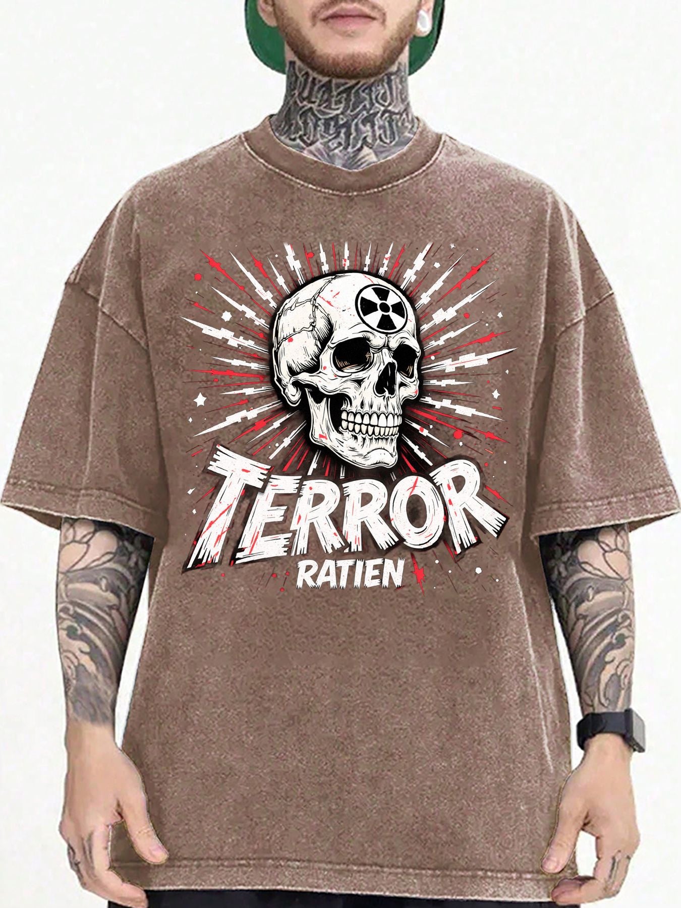 Men'S 100% Vintage Washed Loose T-Shirt | Unique Skull and 'TERROR RATIEN' Chinese Character Print, Punk Trash Style Street Drop Shoulder Design, Soft Breathable, Suitable for Daily Wear and Concert Outfits1:1