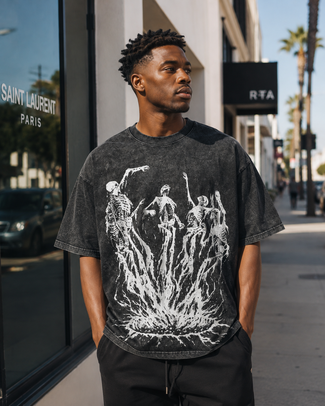 Acid-Washed Vintage Short-Sleeve T-Shirt | Dark Fantasy Flame Monster Graphic — American High-Street Oversized Unisex Tee